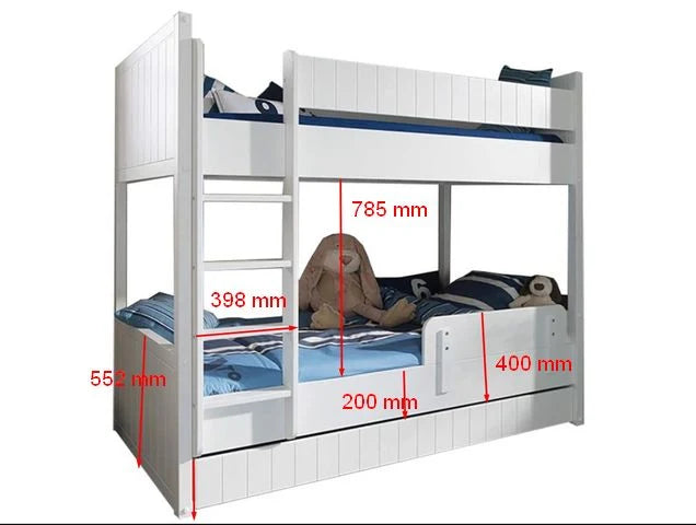 Lit superposé enfant blanc 90x200 cm en MDF et pin massif avec sommier inclus