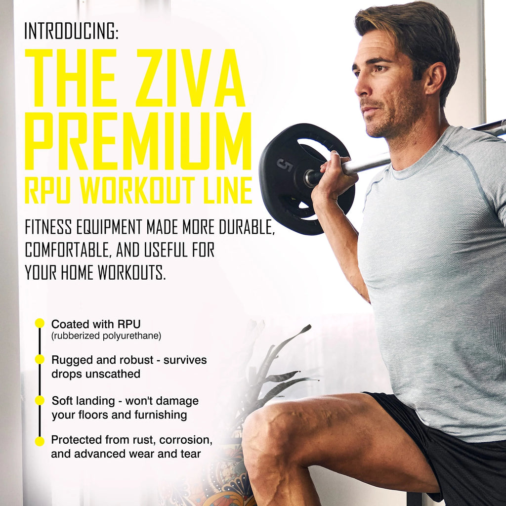 ZIVA RPU Studio Barbell Adjustable Weight Set - 6 High Grade RPU Coated Grip Plates (2 x 2.5lb, 2 x 5lb, 2 x 10lb) 1.18" D Steel Chrome Bar (55”L x 4.4lb) 2 x Spring Collars �?Ships in Two Parts