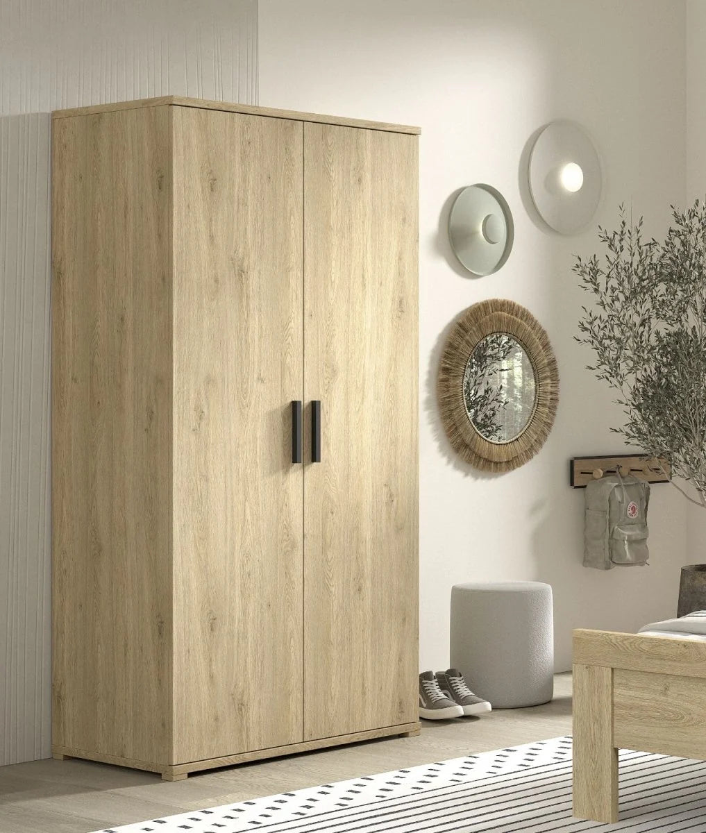 Armoire enfant chêne 2 portes avec étagères et tringle à vêtements