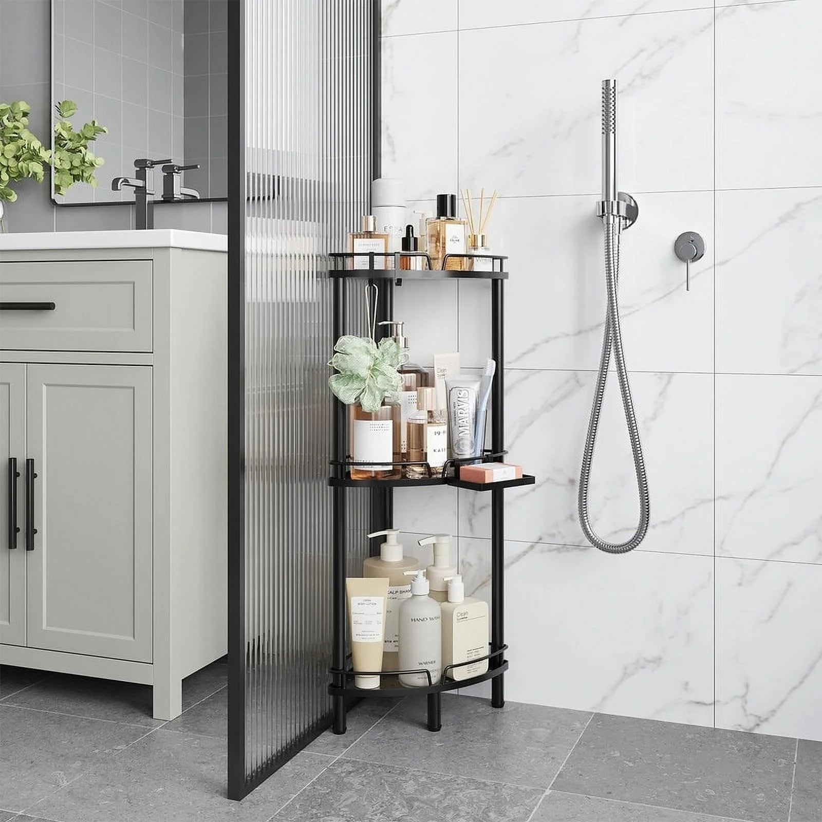 Corner Shower Caddy - 9.6"D x 9.6"W x 30.9"H Black-3 Tier