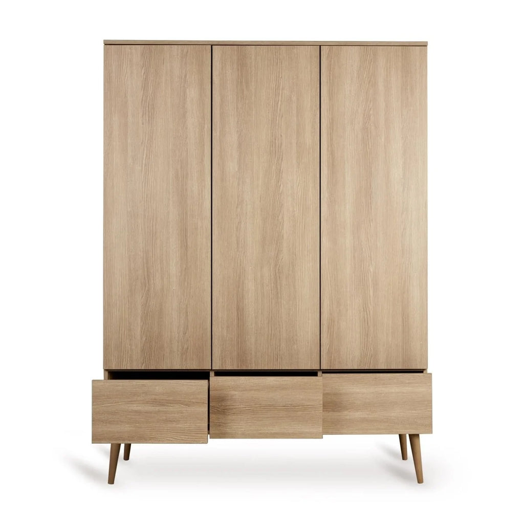 Grande armoire enfant frêne miel 3 portes avec tiroirs et penderies