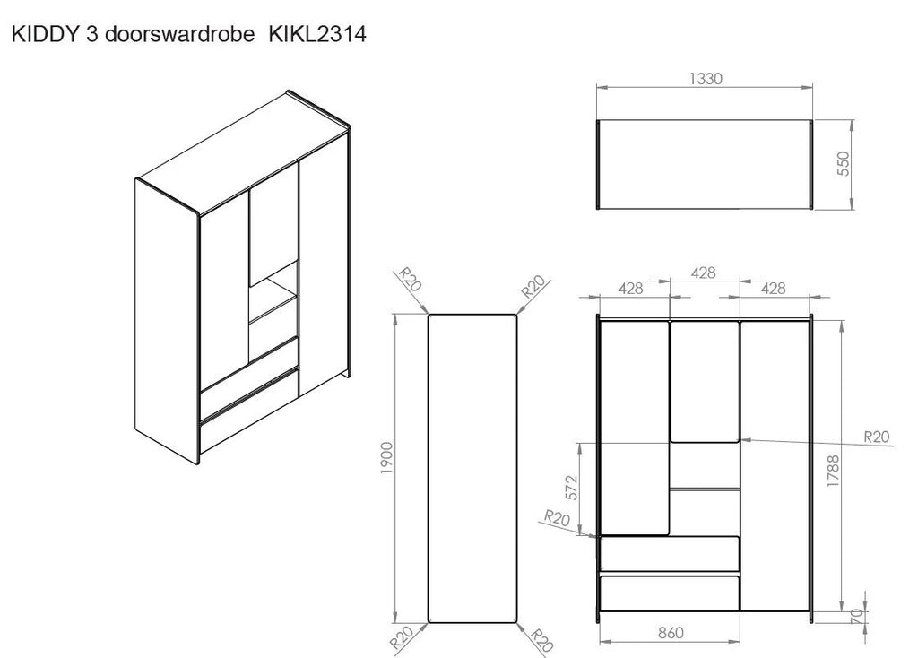 Armoire enfant blanche 3 portes avec tiroirs et rangement intégré