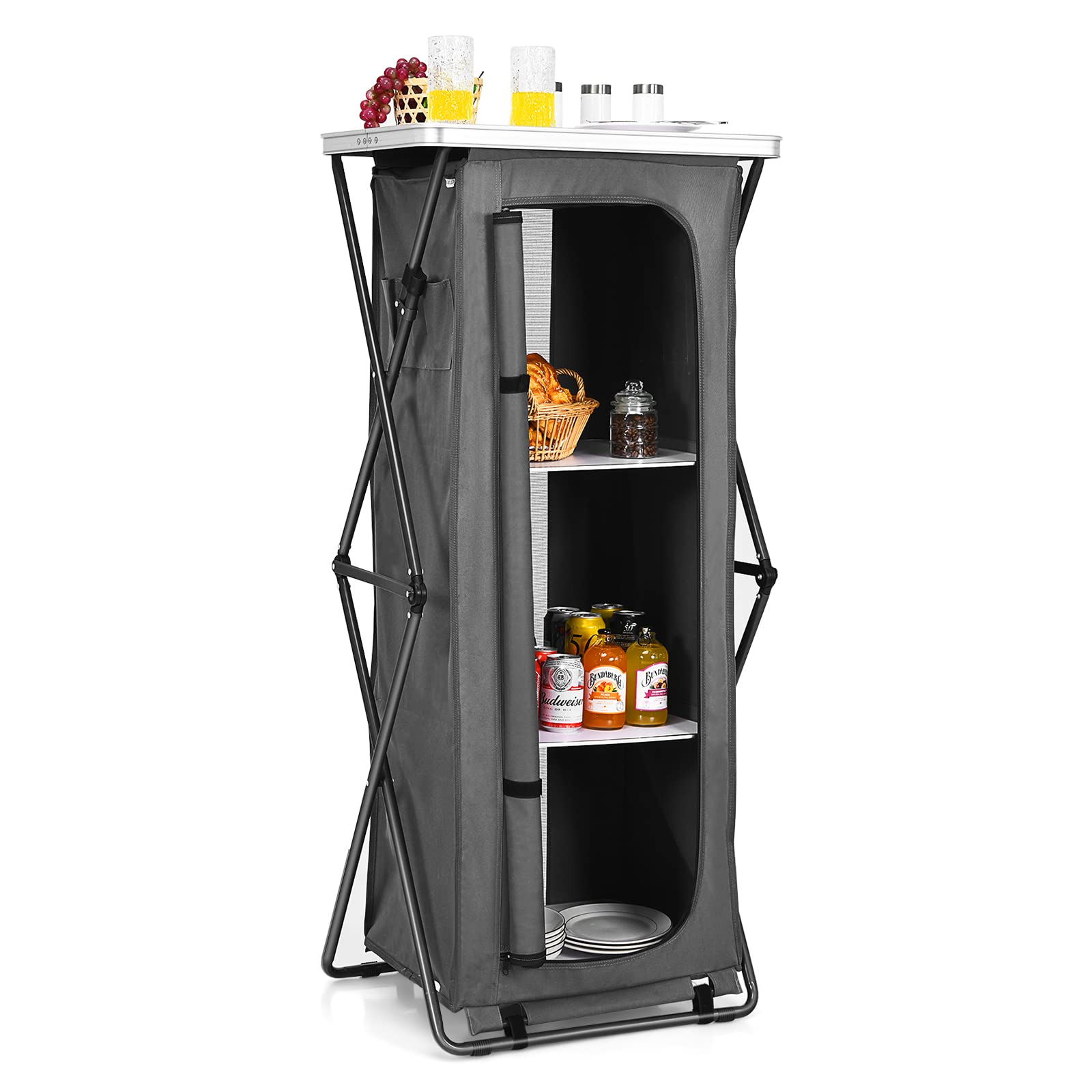 Portable Camping Storage Cabinet - 3 Tier Folding Outdoor Kitchen Organizer with Tabletop & Carry Bag