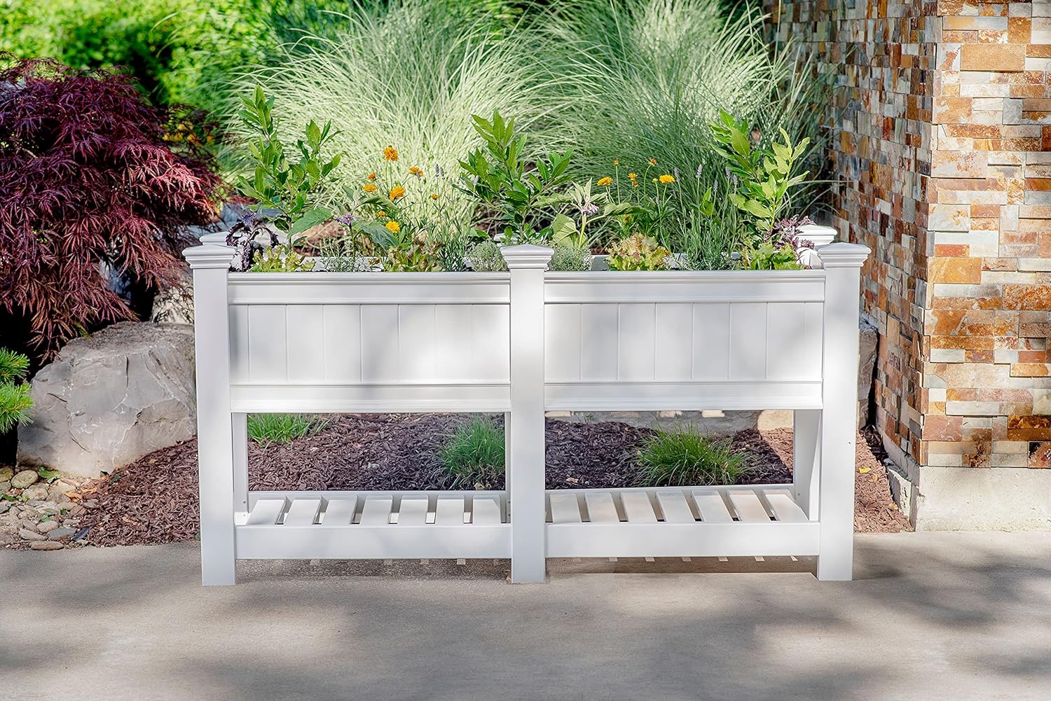 White Vinyl Raised Garden Bed Planter Box - Paintable Outdoor Herb & Flower Planter with Storage Shelf