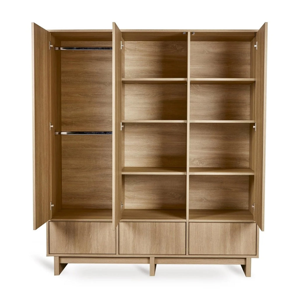 Grande armoire Honey Ash 3 portes avec tiroirs et penderies