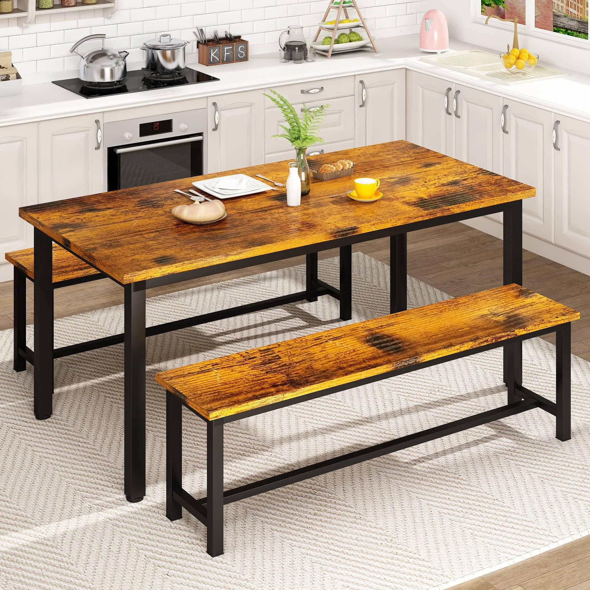 AWQM Dining Table Set with Two Benches, Kitchen Table Set for 4-6 Persons, Kitchen Table of 43.4 x 23.7 x 28.6 Inches, Bench of 38.6 x 11.9 x 17.6 Inches Each, Rustic Brown and Black