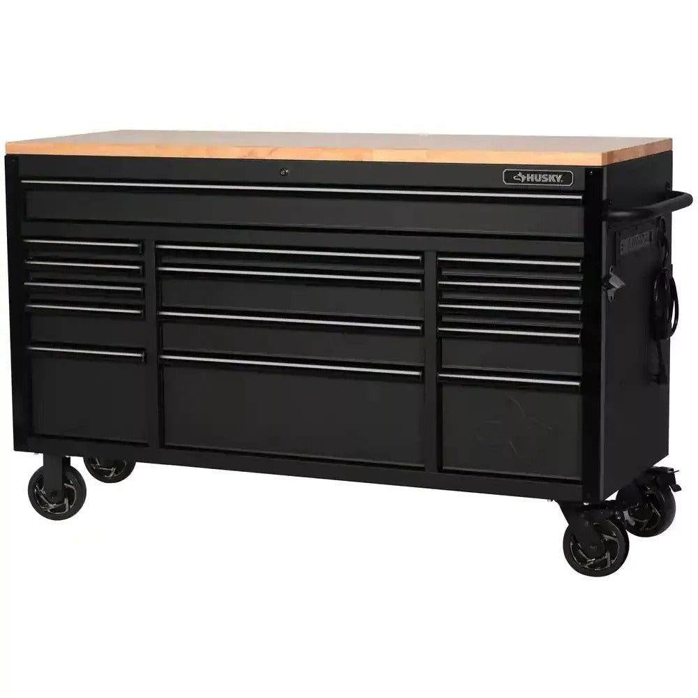 61 Inch 15 Drawer Mobile Workbench - Heavy Duty Steel Tool Cabinet with Wood Top and Power Strip