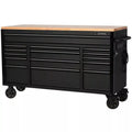 61 Inch 15 Drawer Mobile Workbench - Heavy Duty Steel Tool Cabinet with Wood Top and Power Strip