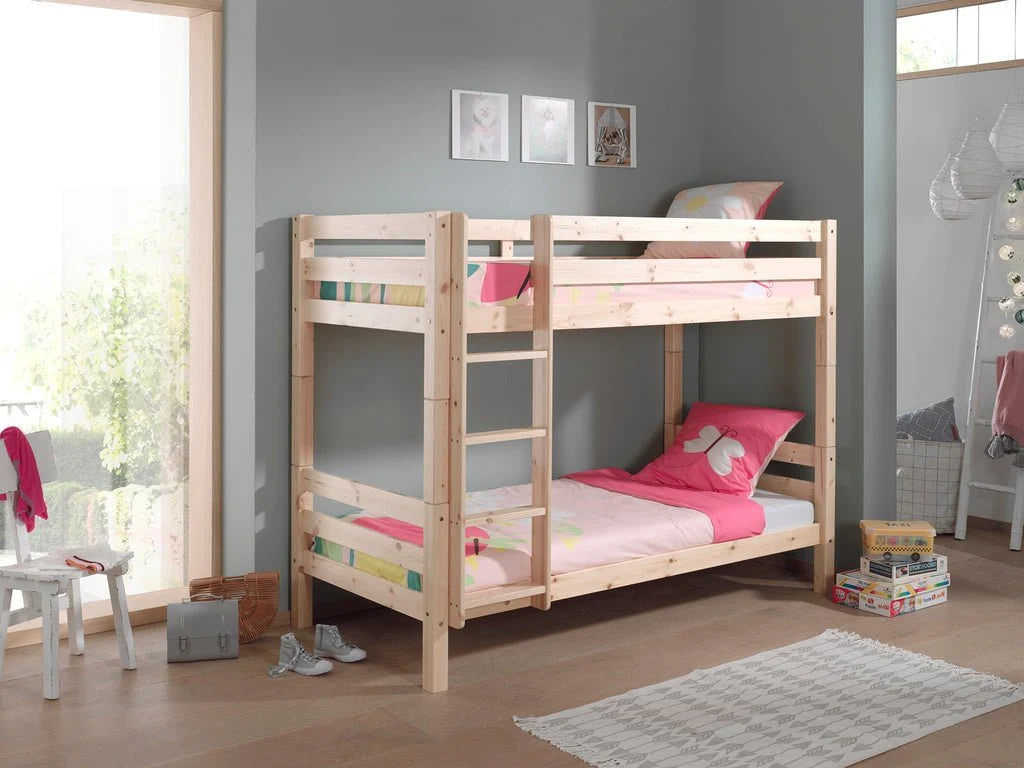 Lit superposé enfant pin naturel 90x200 cm avec sommier à lattes inclus