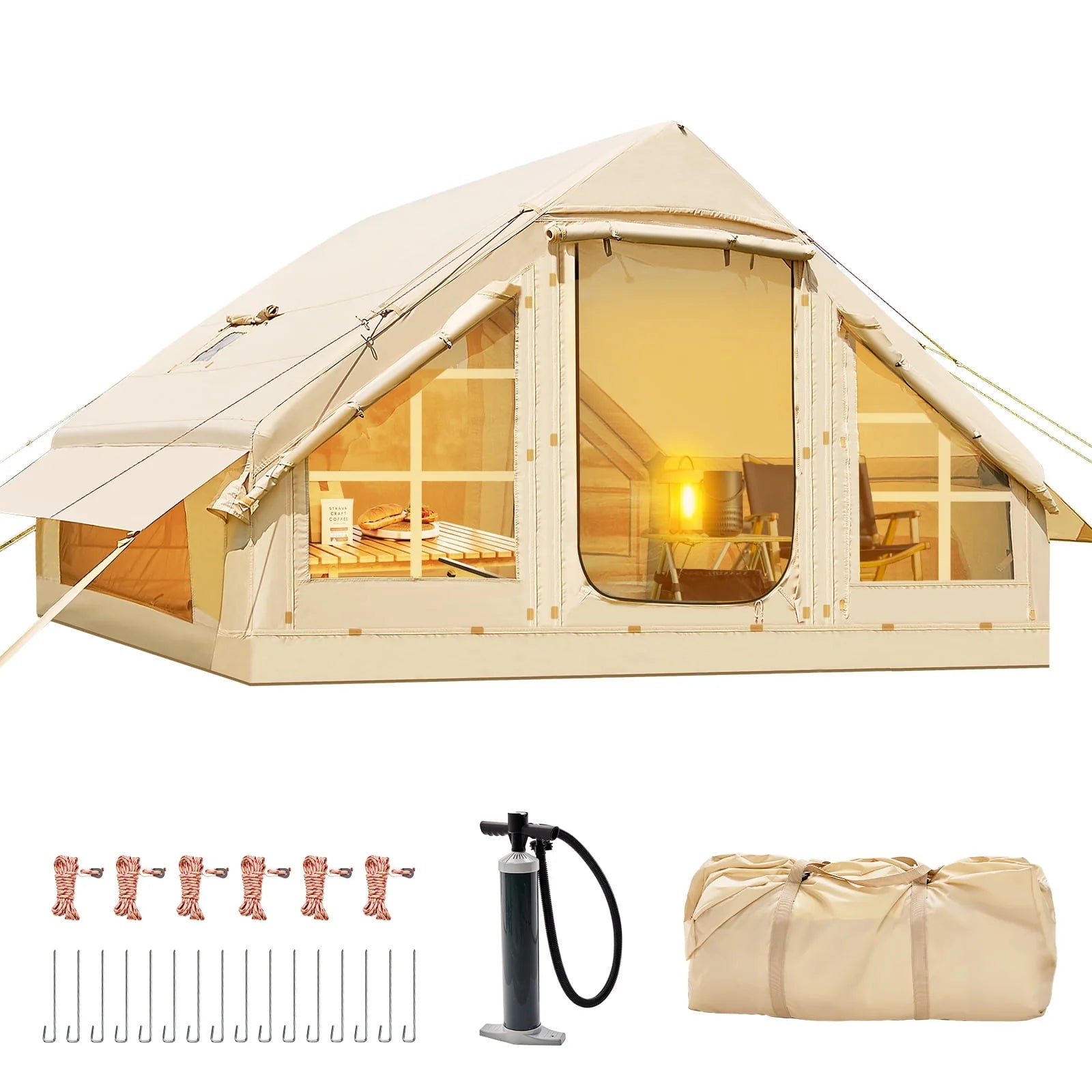 6 Person Inflatable Camping Tent with Pump - Family Glamping Tent with Mesh Windows
