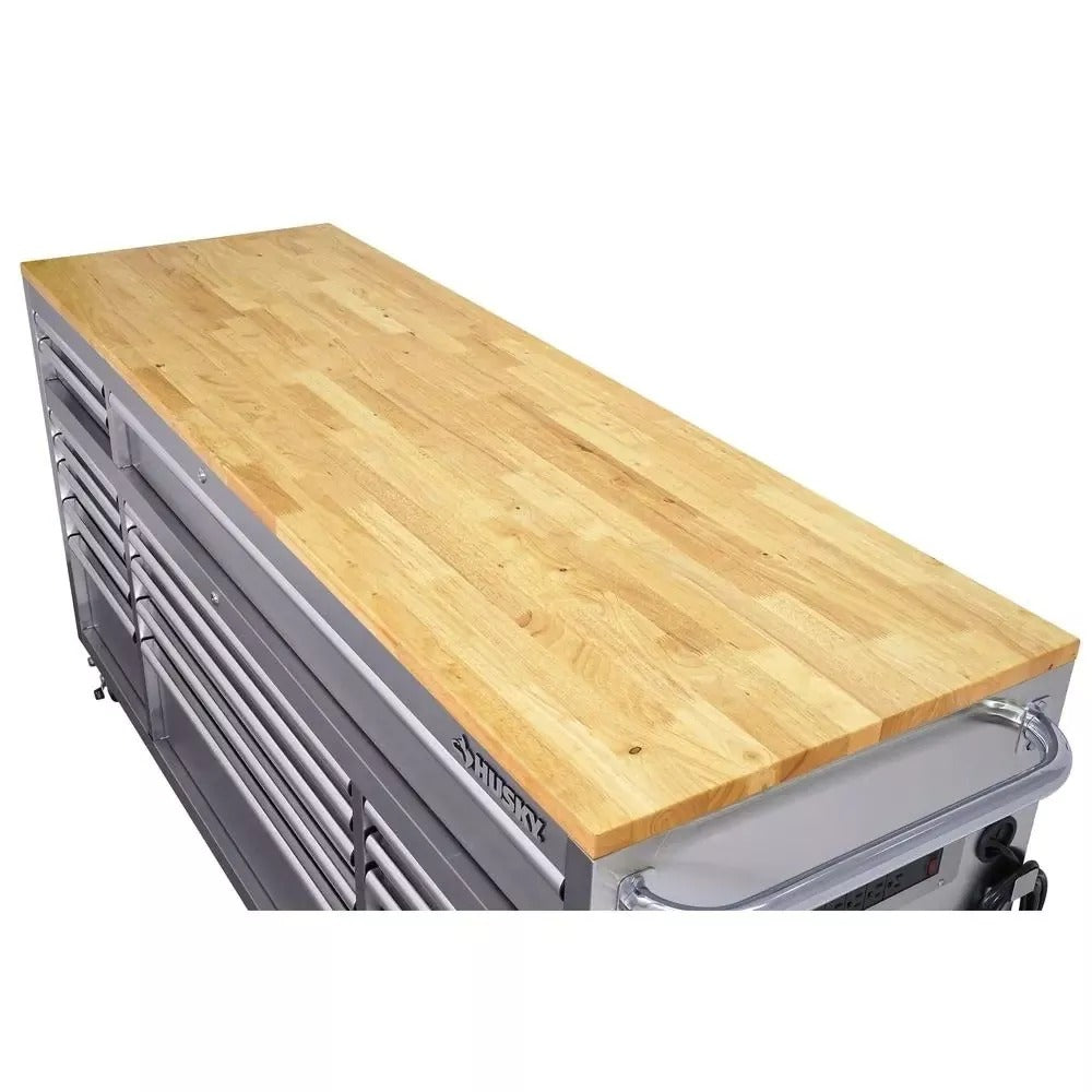 72 Inch Mobile Workbench with 18 Drawers - Stainless Steel Rolling Tool Cabinet with Wood Top