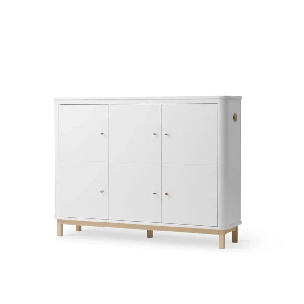 Armoire blanc et chêne 3 portes avec étagères et patères rétractables