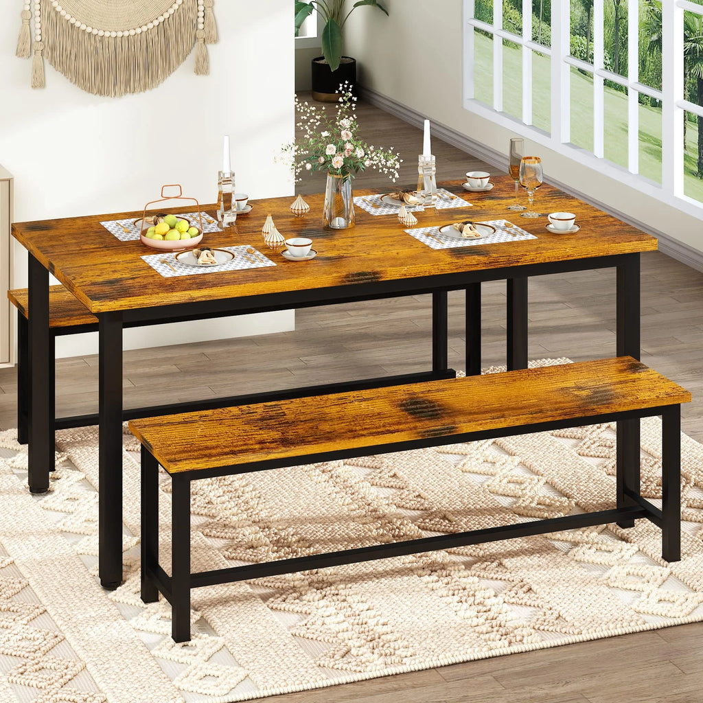 AWQM Dining Table Set with Two Benches, Kitchen Table Set for 4-6 Persons, Kitchen Table of 43.4 x 23.7 x 28.6 Inches, Bench of 38.6 x 11.9 x 17.6 Inches Each, Rustic Brown and Black