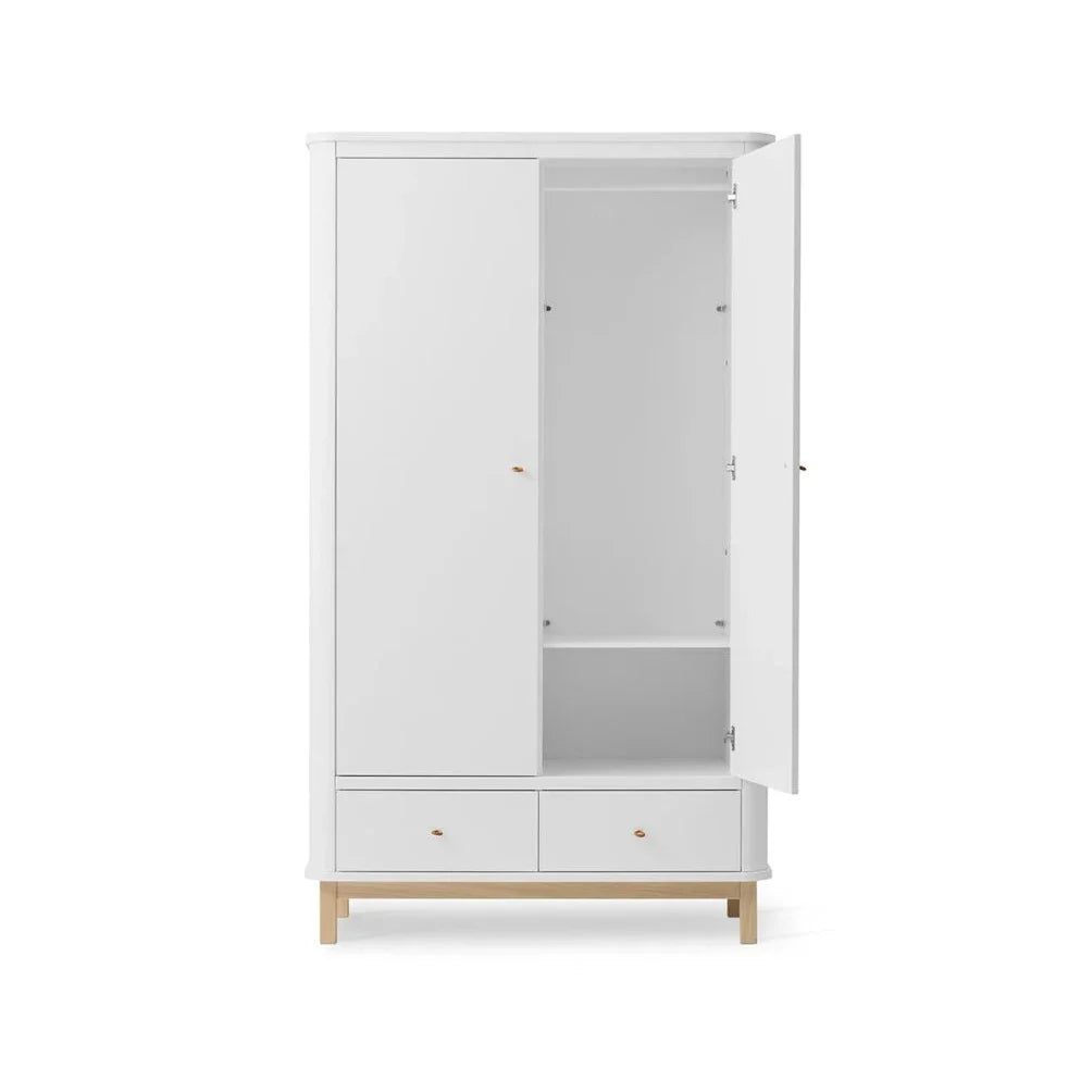 Armoire blanc et chêne 2 portes avec penderie, tiroirs et étagères ajustables