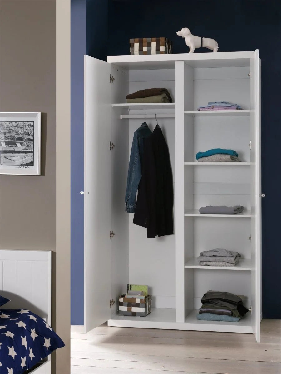 Armoire enfant blanche 2 portes avec penderie et 5 étagères