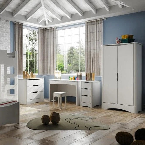 Armoire enfant blanche 2 portes avec 4 étagères réglables et penderie