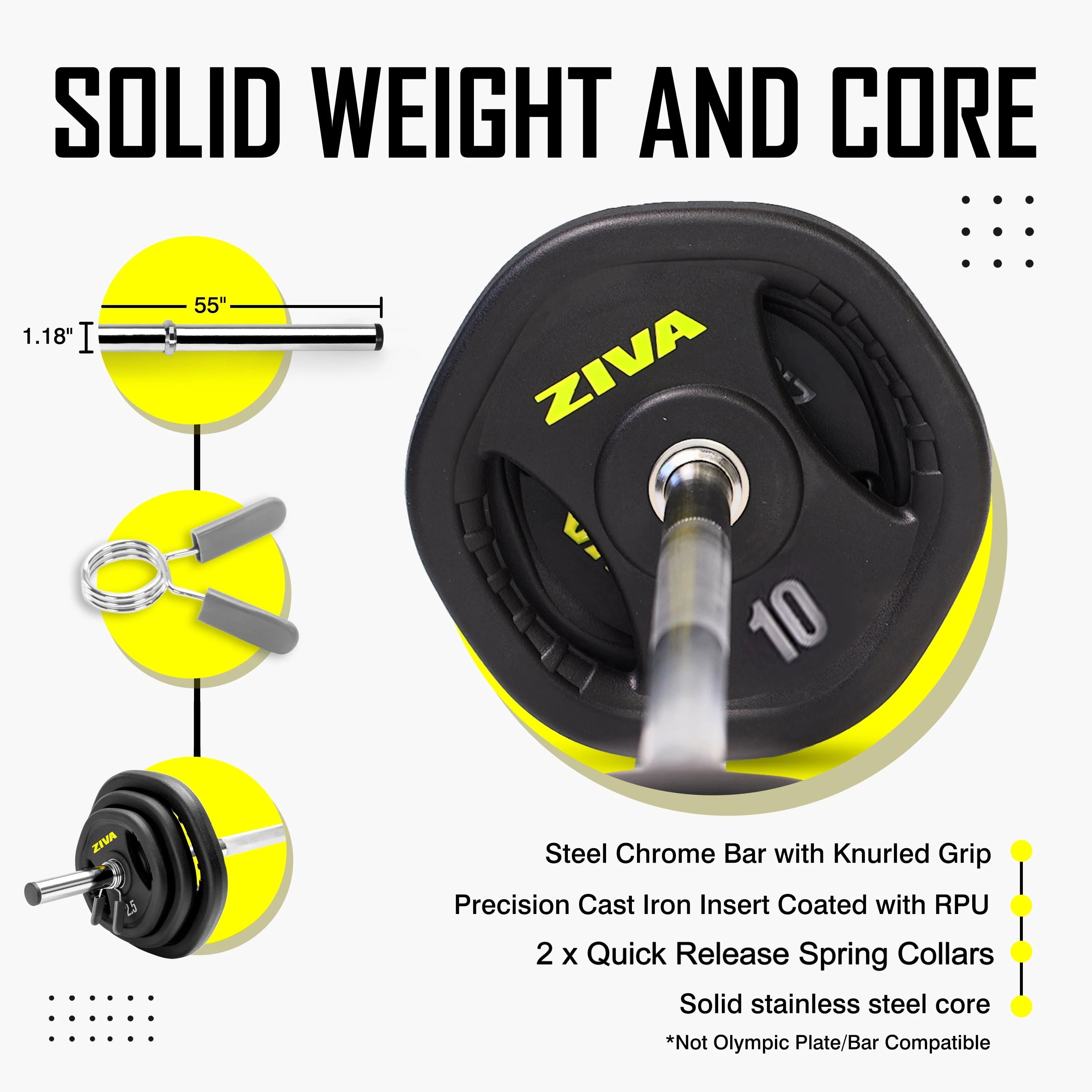 ZIVA RPU Studio Barbell Adjustable Weight Set - 6 High Grade RPU Coated Grip Plates (2 x 2.5lb, 2 x 5lb, 2 x 10lb) 1.18" D Steel Chrome Bar (55”L x 4.4lb) 2 x Spring Collars �?Ships in Two Parts