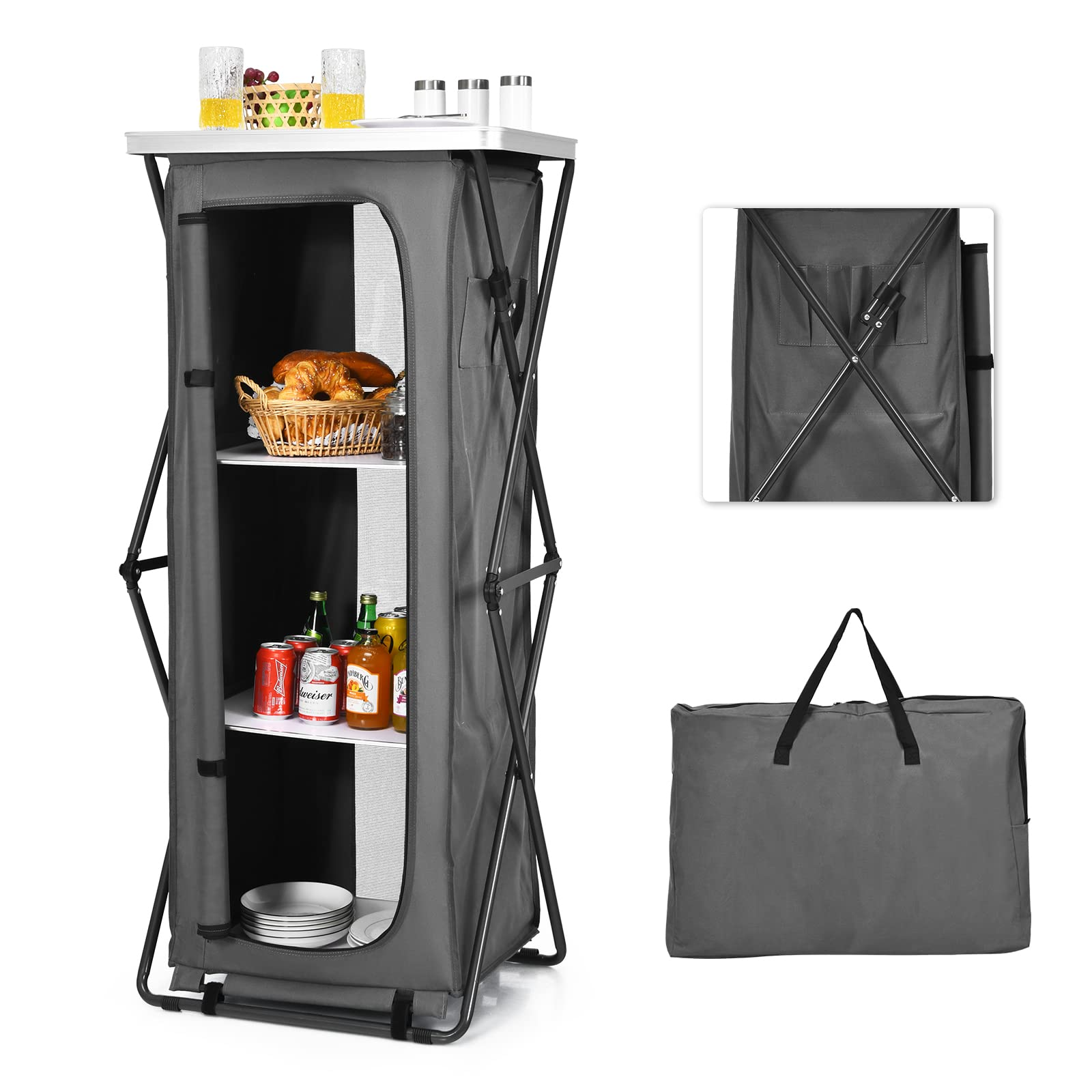 Portable Camping Storage Cabinet - 3 Tier Folding Outdoor Kitchen Organizer with Tabletop & Carry Bag