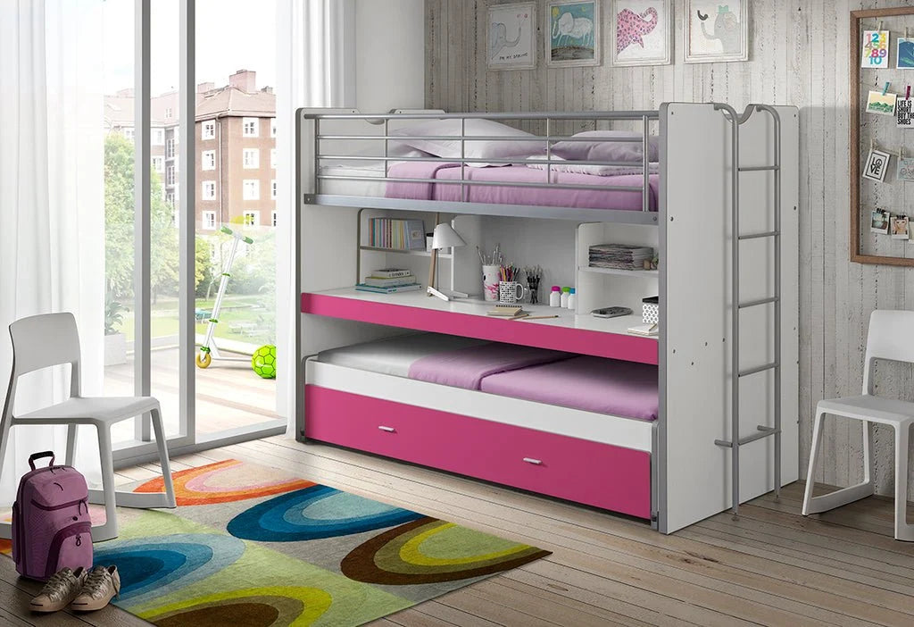 Lit superposé enfant 90x200 cm fuchsia avec bureau coulissant et 3 couchages