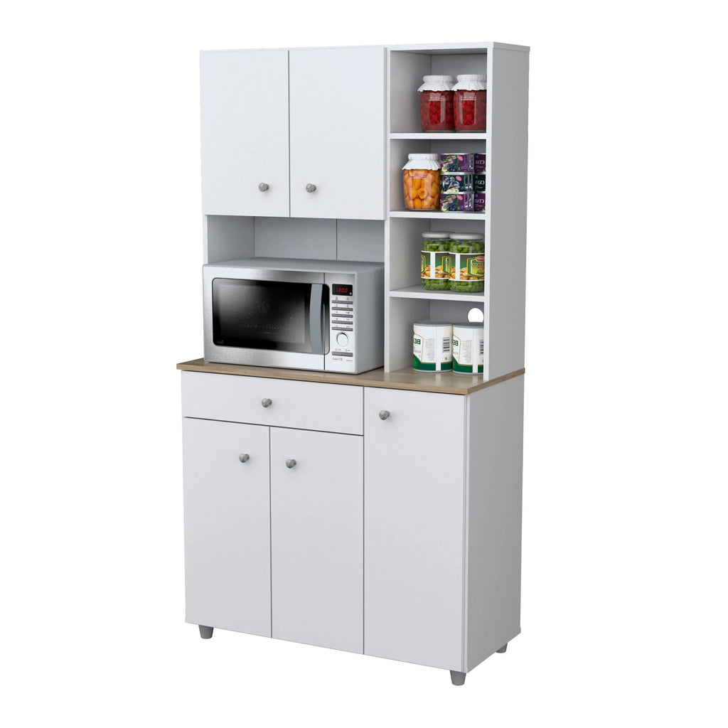 Inval 10-Shelf Kitchen Microwave Storage Cabinet (35 x 66 x 16), White/Maple