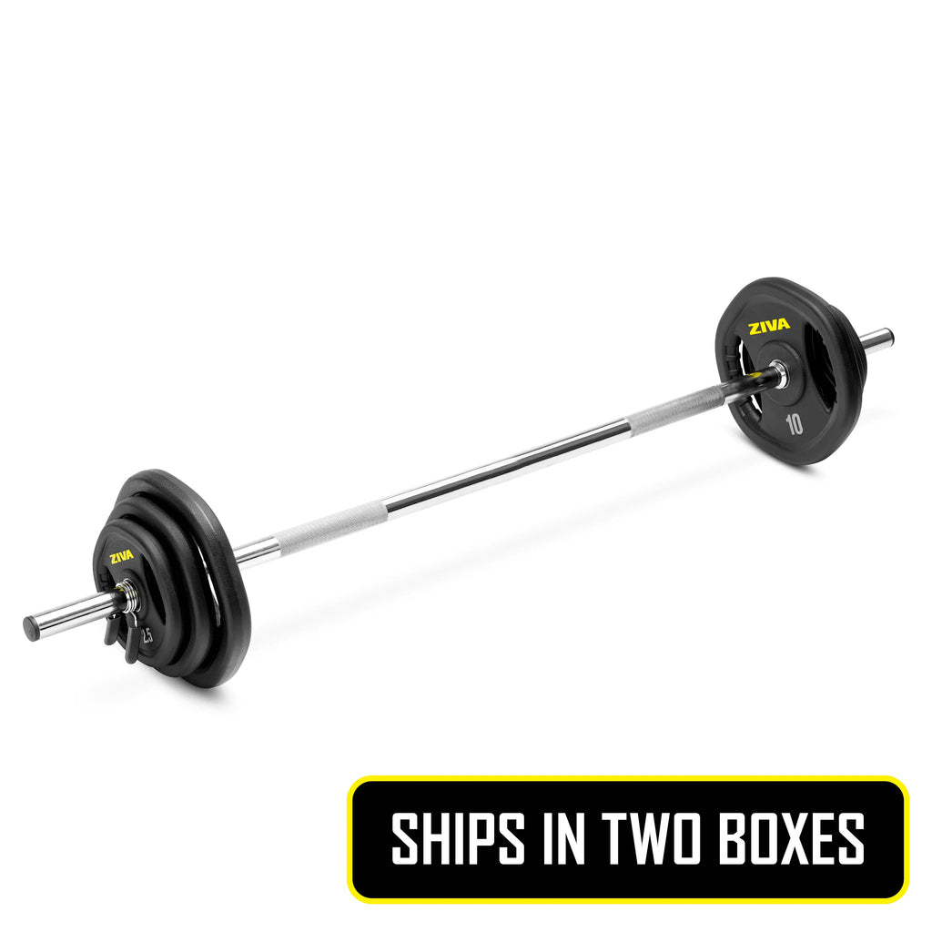 ZIVA RPU Studio Barbell Adjustable Weight Set - 6 High Grade RPU Coated Grip Plates (2 x 2.5lb, 2 x 5lb, 2 x 10lb) 1.18" D Steel Chrome Bar (55”L x 4.4lb) 2 x Spring Collars �?Ships in Two Parts