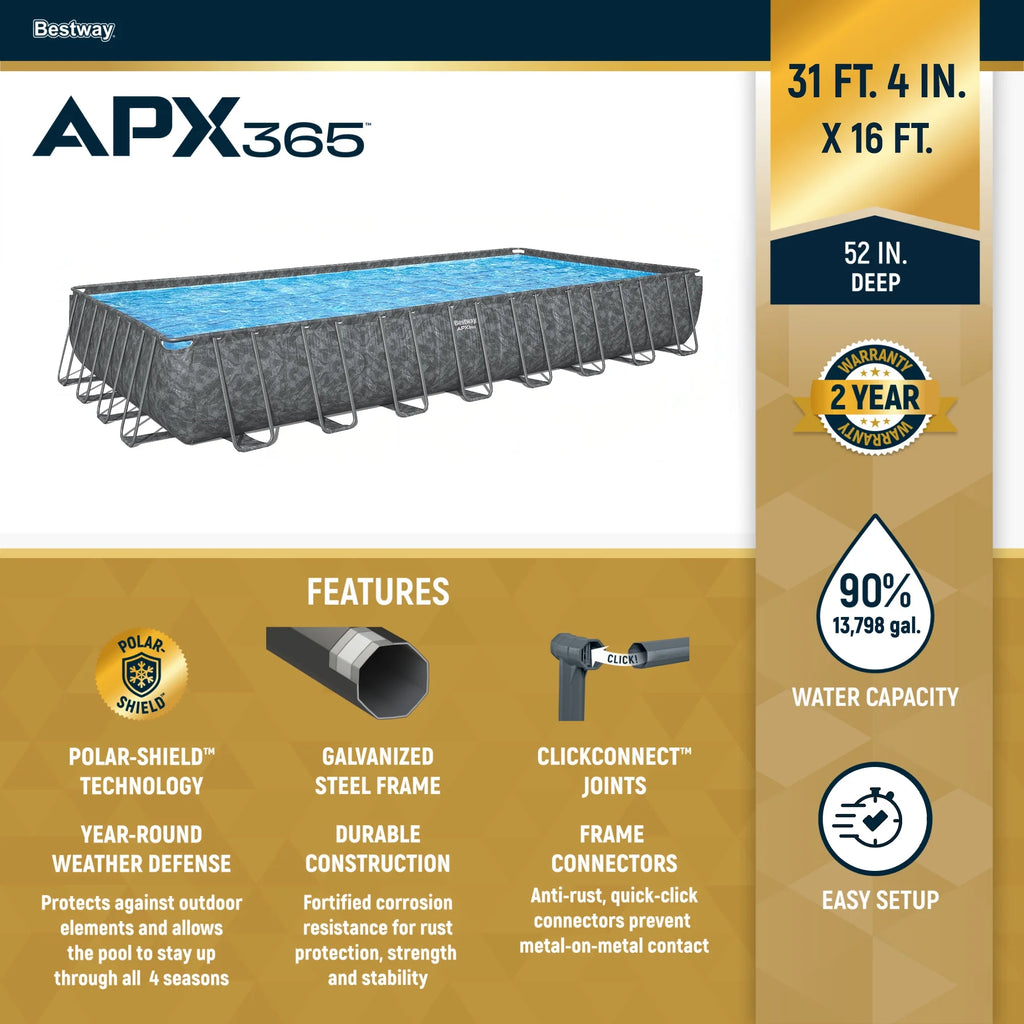 Bestway APX 365 31'4" x 16' x 52" Rectangular Above Ground Swimming Pool