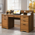 58 Inch Executive Desk with Drawers, Wood Office Desk with Hutch, Storage Cabinet and File Cabinet, Vintage Brown
