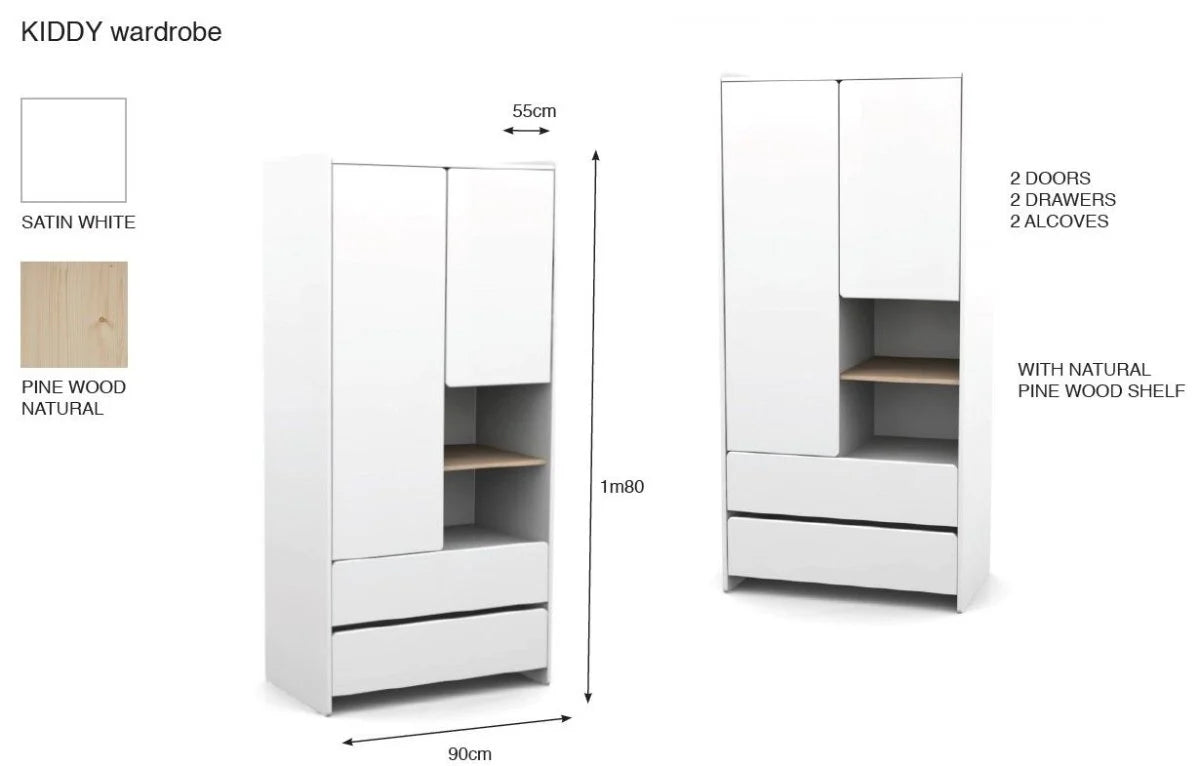 Armoire enfant blanche 2 portes avec 2 tiroirs et tringle
