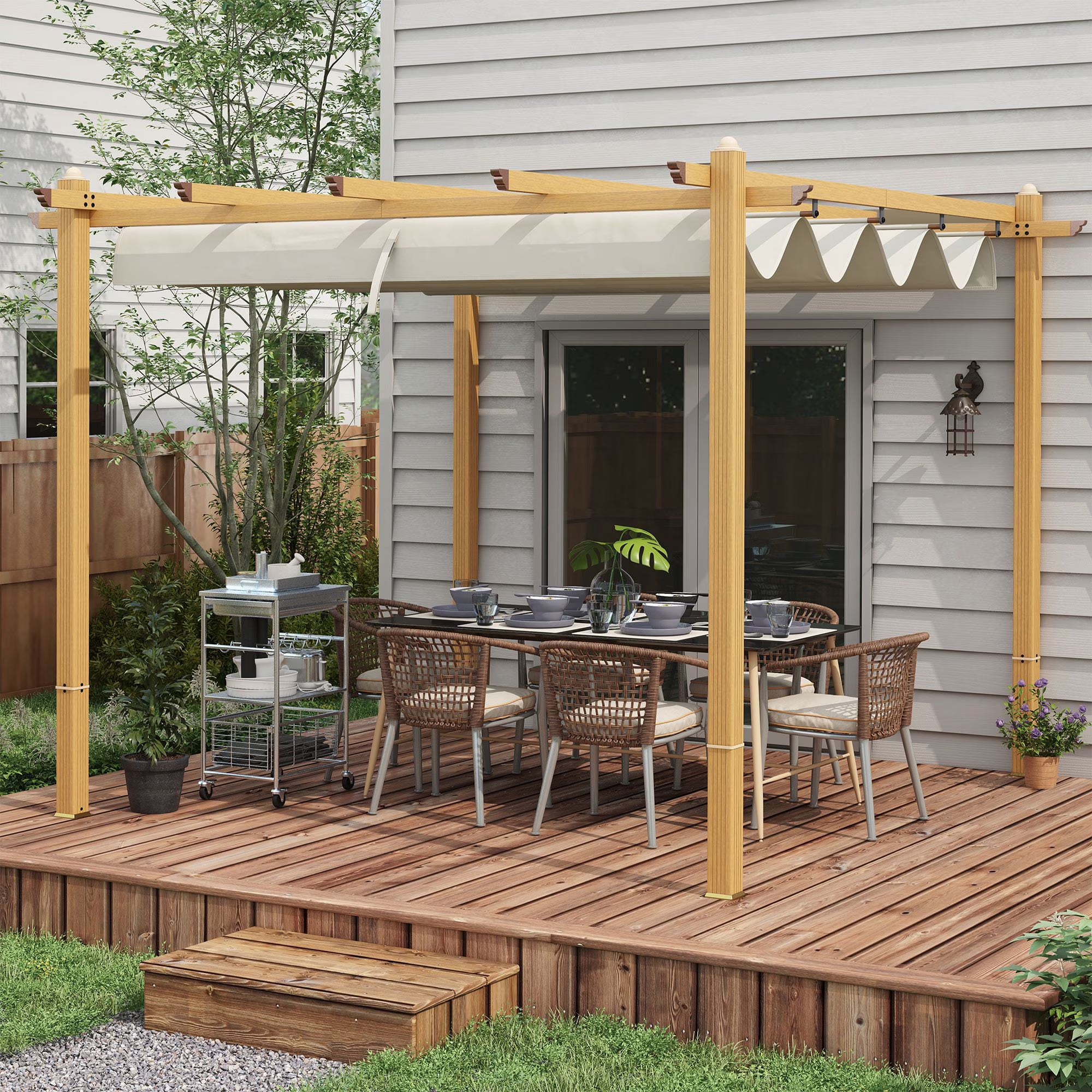 Outsunny 10' x 10' x 88.25" Cream White Aluminum Pergola, Retractable Canopy and Water-Resistant
