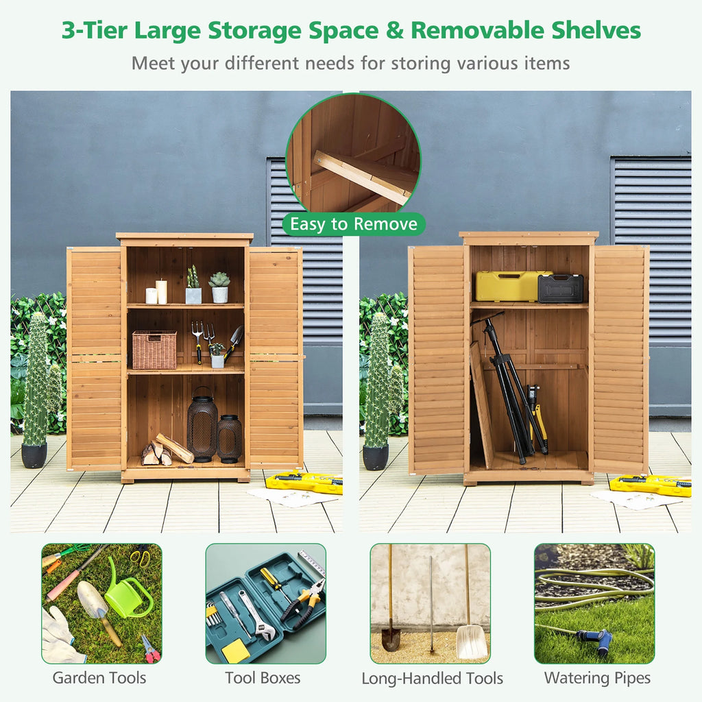 Costway Waterproof Fir Wood Storage Shed Garden, 34.5" x 16.5" x 63", Natural