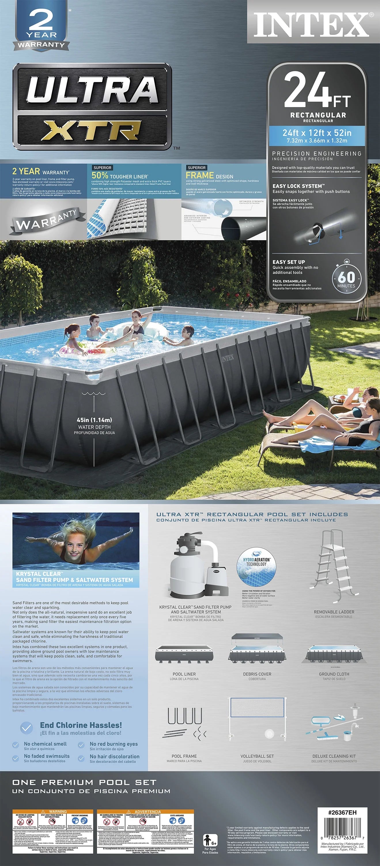 Intex 24' x 12' x 52" Ultra XTR Rectangular Frame Swimming Pool Set + Pump
