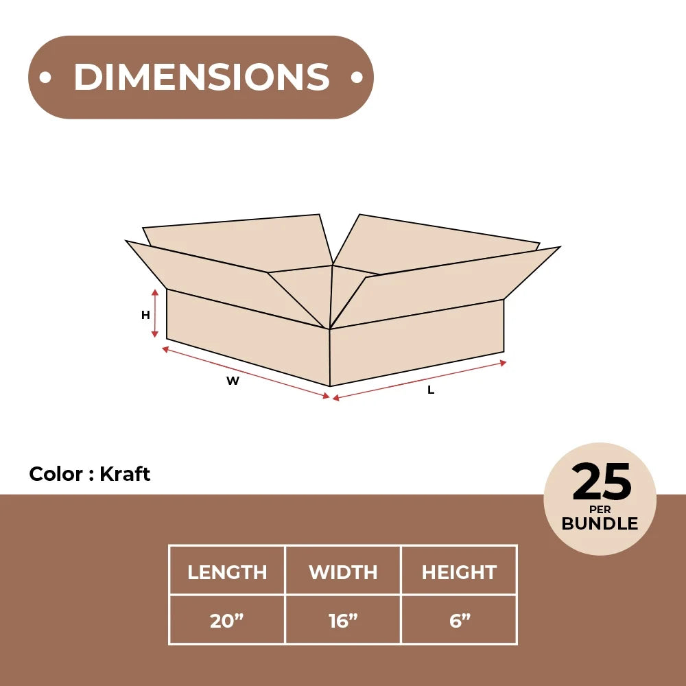 SSBM 25/Case 20 x 16 x 6" Flat Corrugated Boxes ECT-32