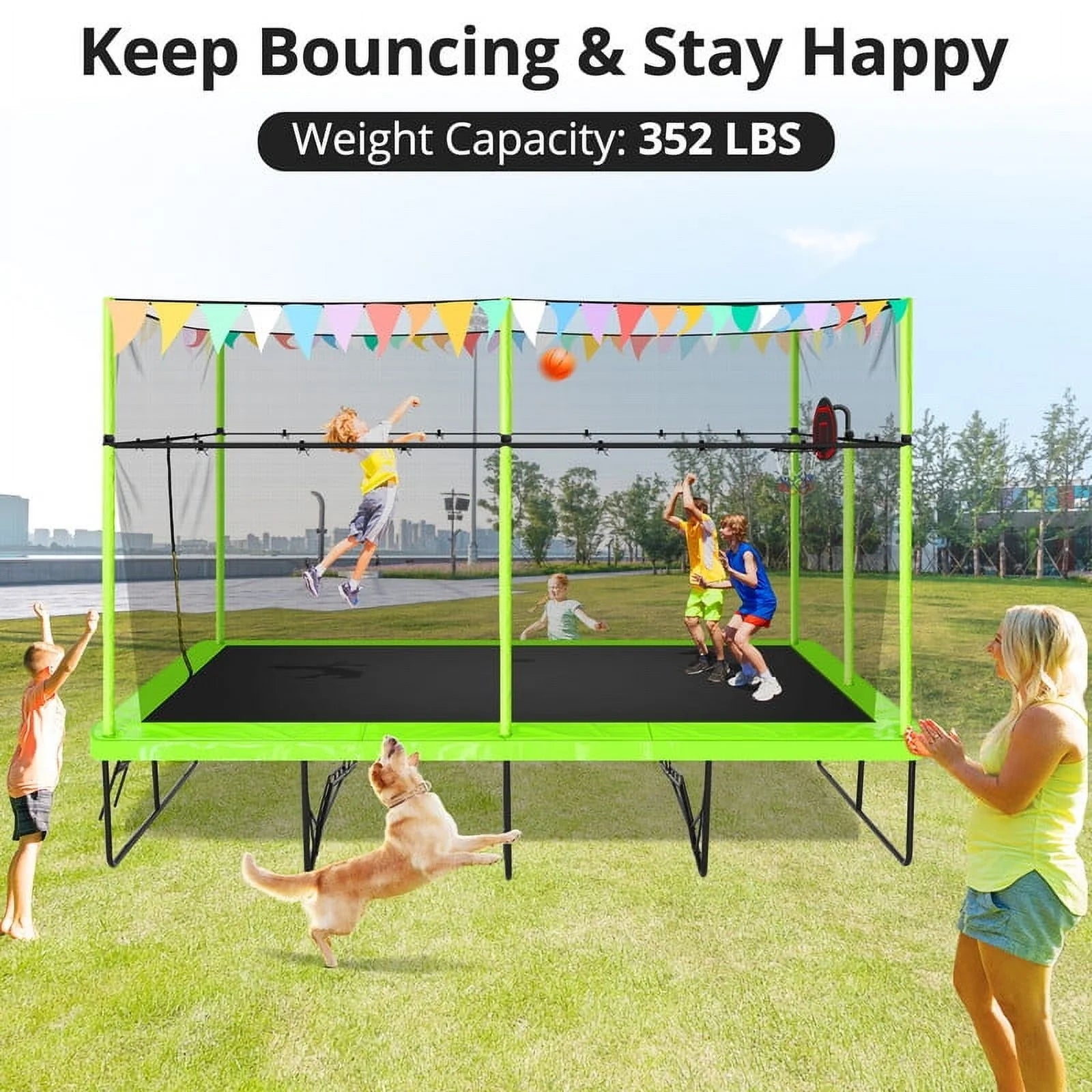 Voqoomkl Rectangle Trampoline with Basketball Hoop for Kids and Adults, Green, 204.00" x 120.00" x 141.00"