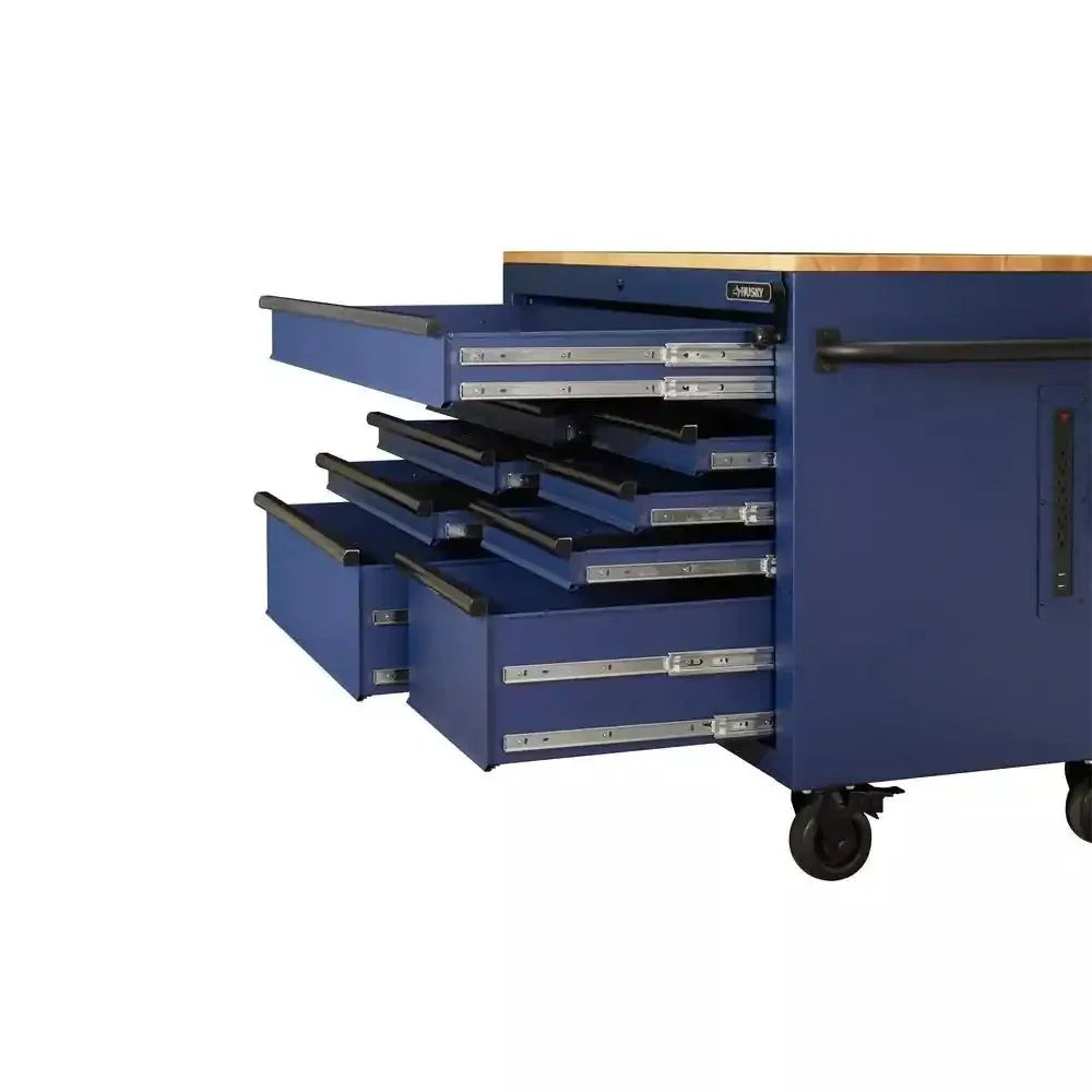 52-Inch 9-Drawer Mobile Workbench with Adjustable Height Wood Top, Heavy Duty Rolling Tool Cabinet