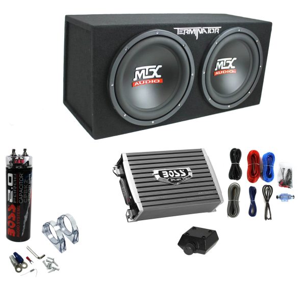 MTX Terminator Dual 12-Inch Loaded Subwoofer Enclosure with 1500W Monoblock Amplifier & 2-Farad Capacitor Kit