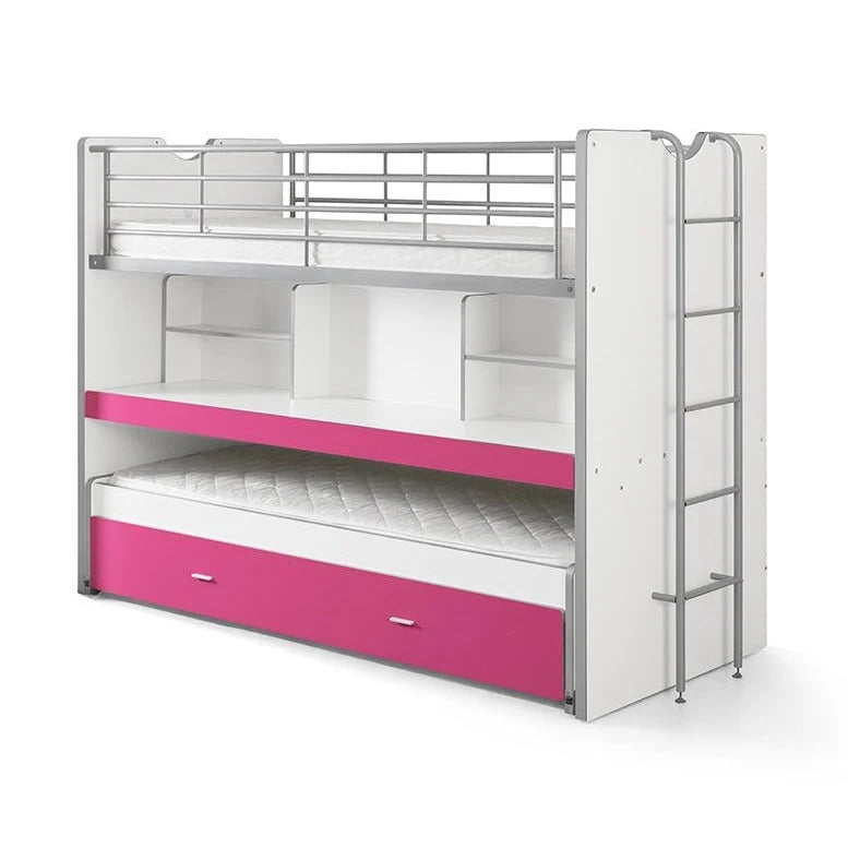 Lit superposé enfant 90x200 cm fuchsia avec bureau coulissant et 3 couchages