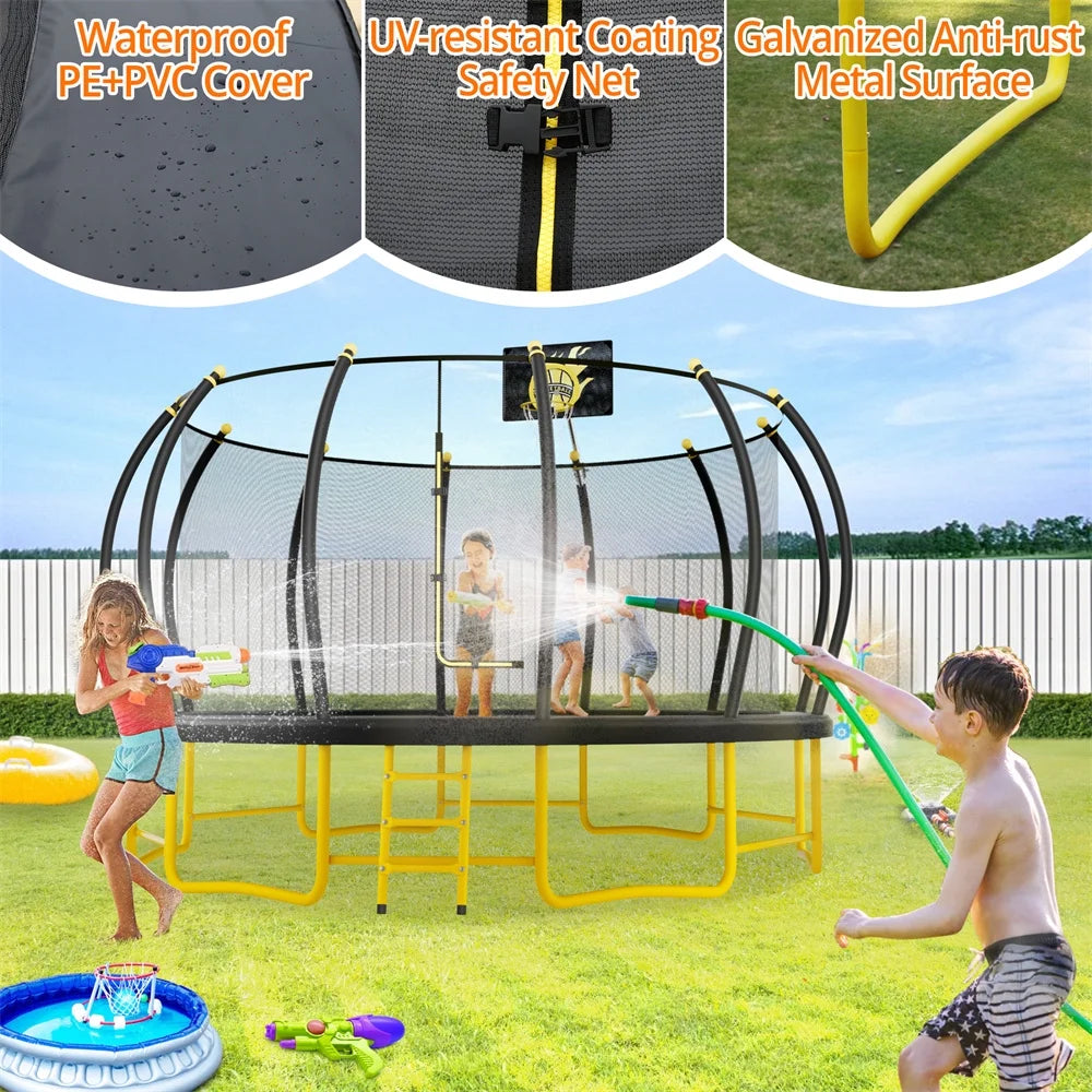 JAMPOOCA Pumpkin Trampoline with Enclosure for Kids and Adults, Black/Yellow, 63.78" x 17.72" x 8.66"