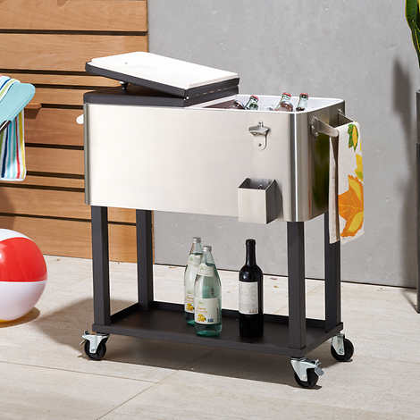 100 Quart Stainless Steel Cooler with Cover, Rolling Wheels, Bottle Opener and Outdoor Beverage Storage
