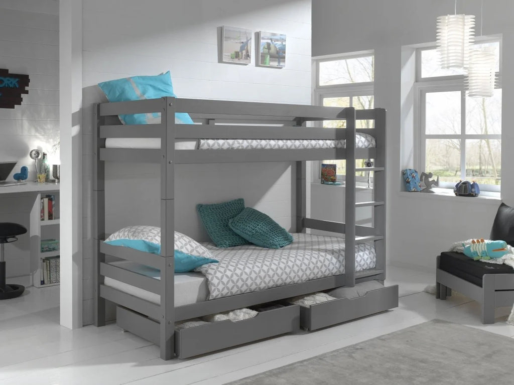 Lit superposé enfant gris 90x200 cm hauteur 160 cm en pin massif avec sommier