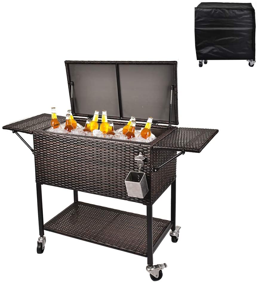 80 Quart Rolling Cooler Cart - Wicker Outdoor Ice Chest with Insulated Storage, Wheels and Bottle Opener