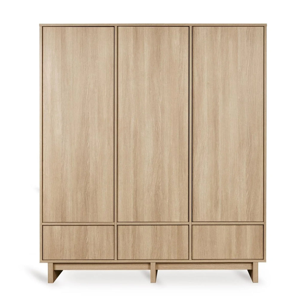 Grande armoire Honey Ash 3 portes avec tiroirs et penderies