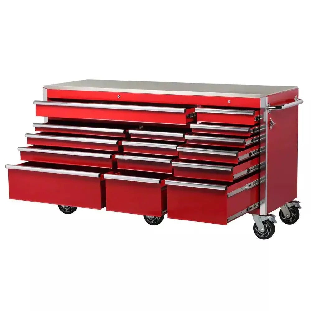 72 in. 15-Drawer Mobile Workbench with Stainless Steel Top - Heavy Duty Rolling Tool Cabinet with Power Strip