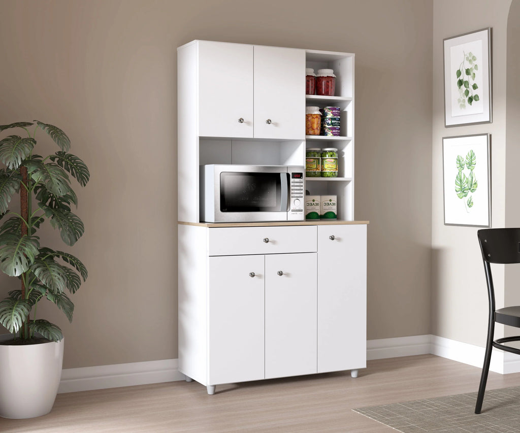 Inval 10-Shelf Kitchen Microwave Storage Cabinet (35 x 66 x 16), White/Maple