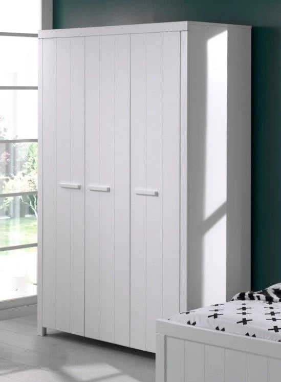 Armoire enfant blanche 3 portes avec 6 étagères et tringle