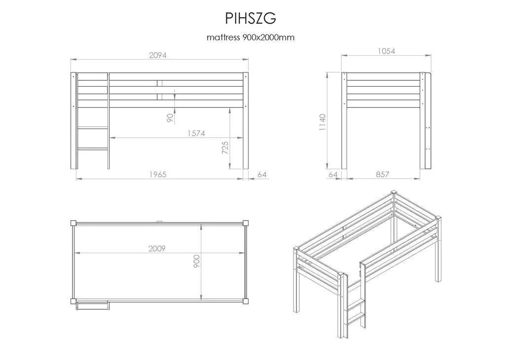 Lit mezzanine enfant mi-hauteur gris 90x200 cm en pin massif avec sommier