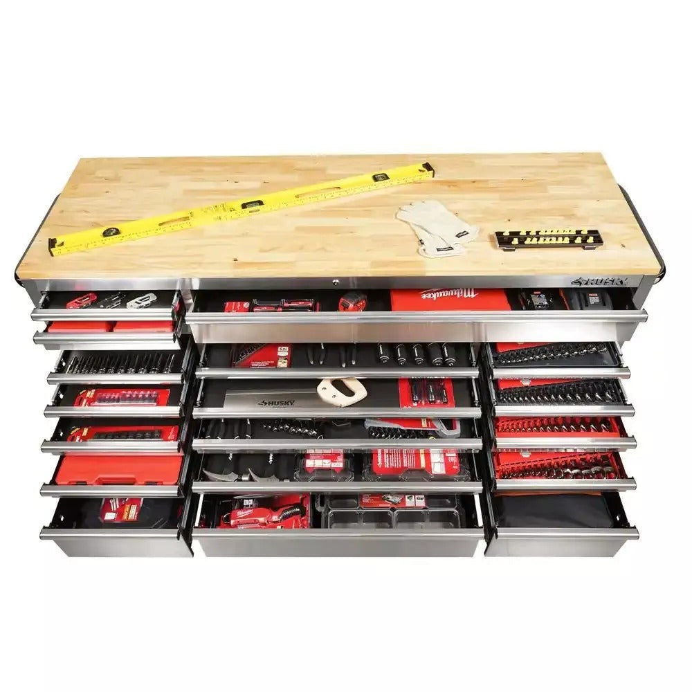 72 Inch Mobile Workbench with 18 Drawers - Stainless Steel Rolling Tool Cabinet with Wood Top