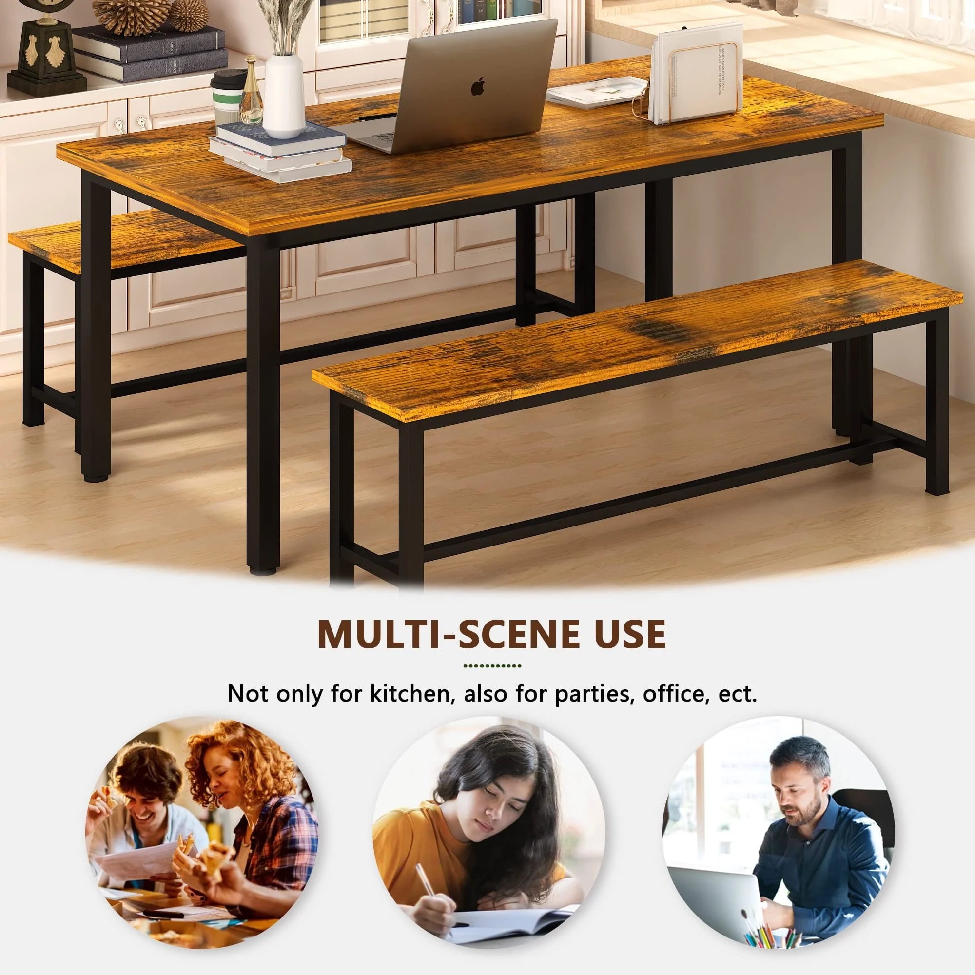 AWQM Dining Table Set with Two Benches, Kitchen Table Set for 4-6 Persons, Kitchen Table of 43.4 x 23.7 x 28.6 Inches, Bench of 38.6 x 11.9 x 17.6 Inches Each, Rustic Brown and Black