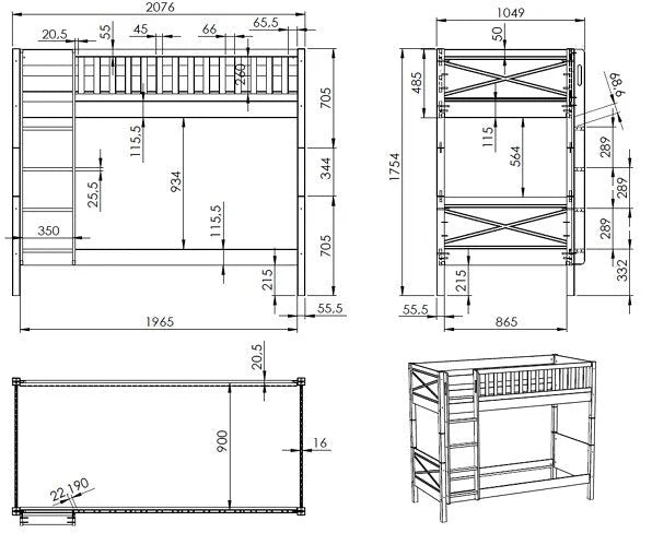 Lit superposé enfant blanc 90x200 cm SCOTT en pin massif avec sommier inclus