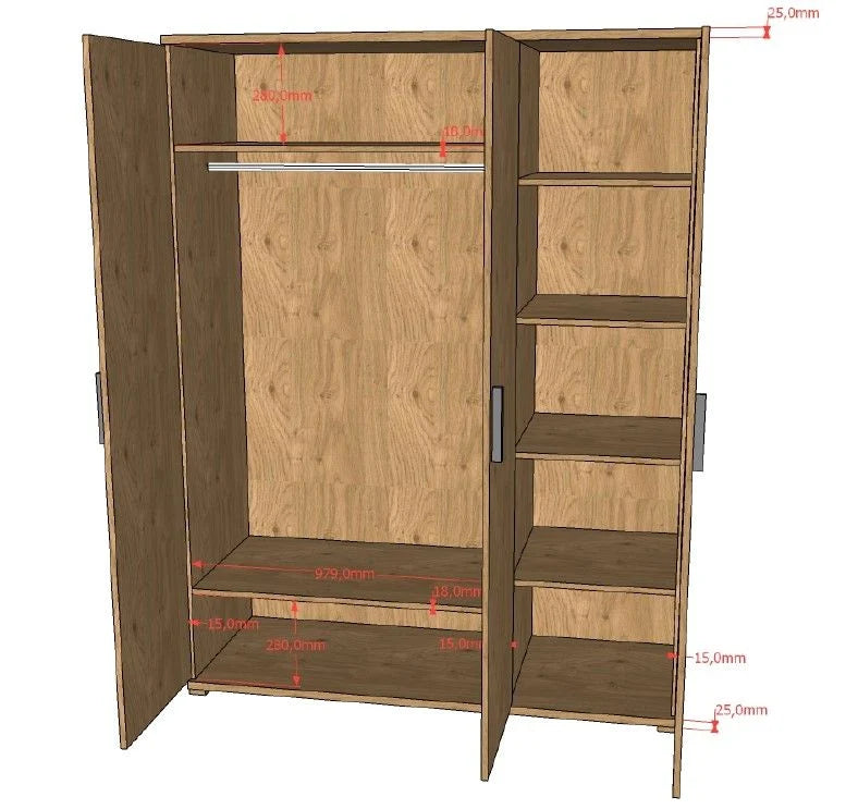 Armoire enfant effet chêne 3 portes avec 6 étagères et tringle