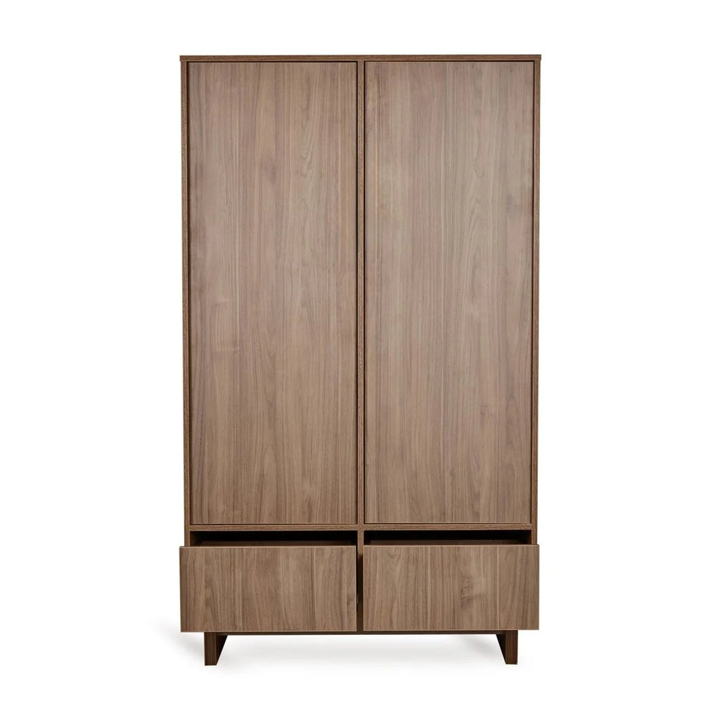 Armoire noyer 2 portes avec tiroirs, penderies et étagères réglables